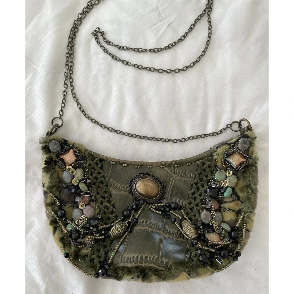 MARY FRANCES Green Leather Croc Highly Embellished Faux Fur Hobo Shoulder Bag